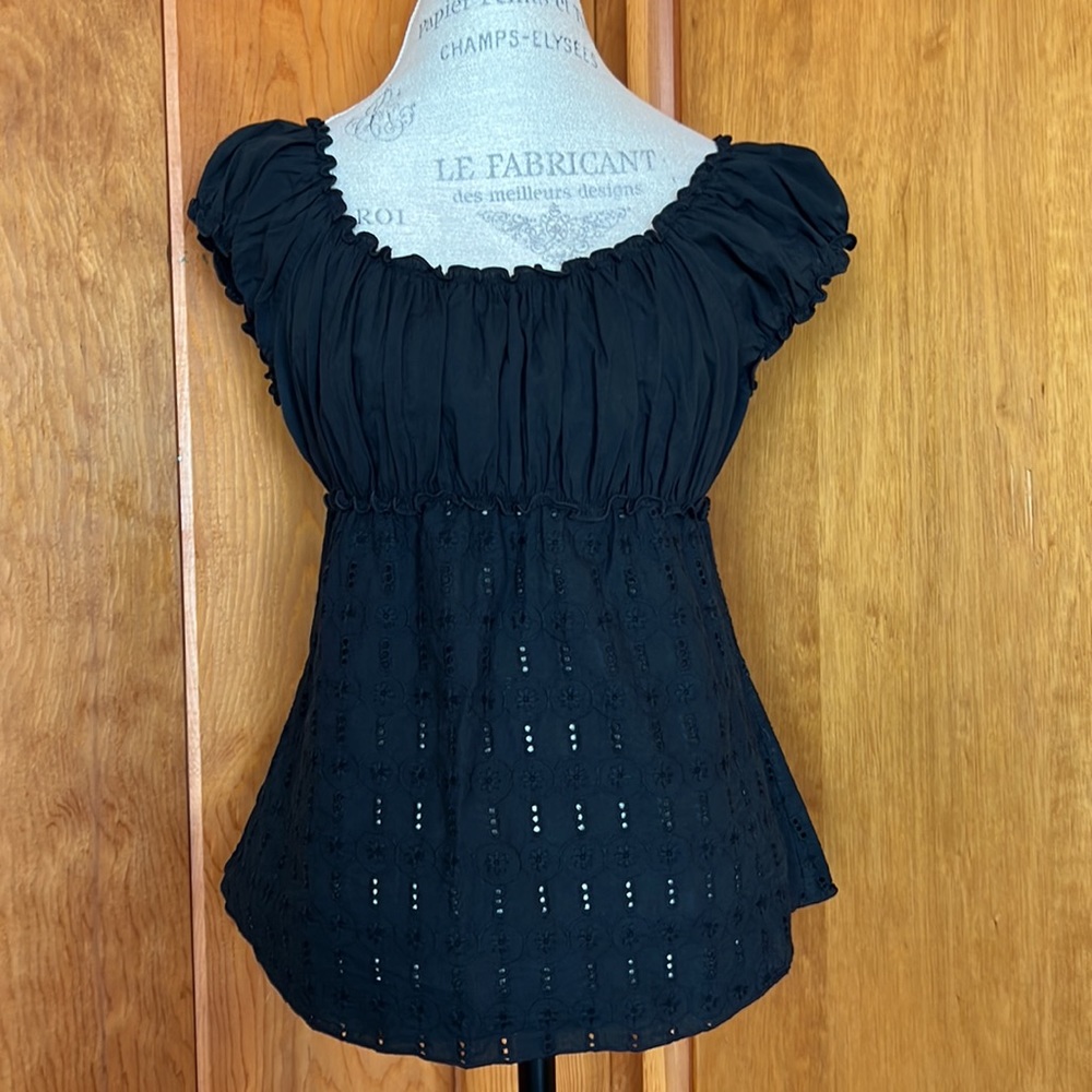 Max Studio Black Empire Waist Gathered top with Eyelet Design Size L